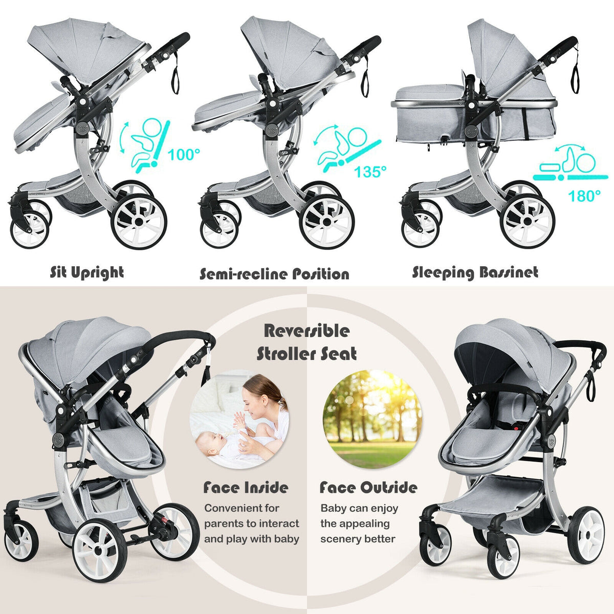 Costway 2-in-1 Foldable Baby Stroller with Diaper Bag - Gray, No Cup Holders