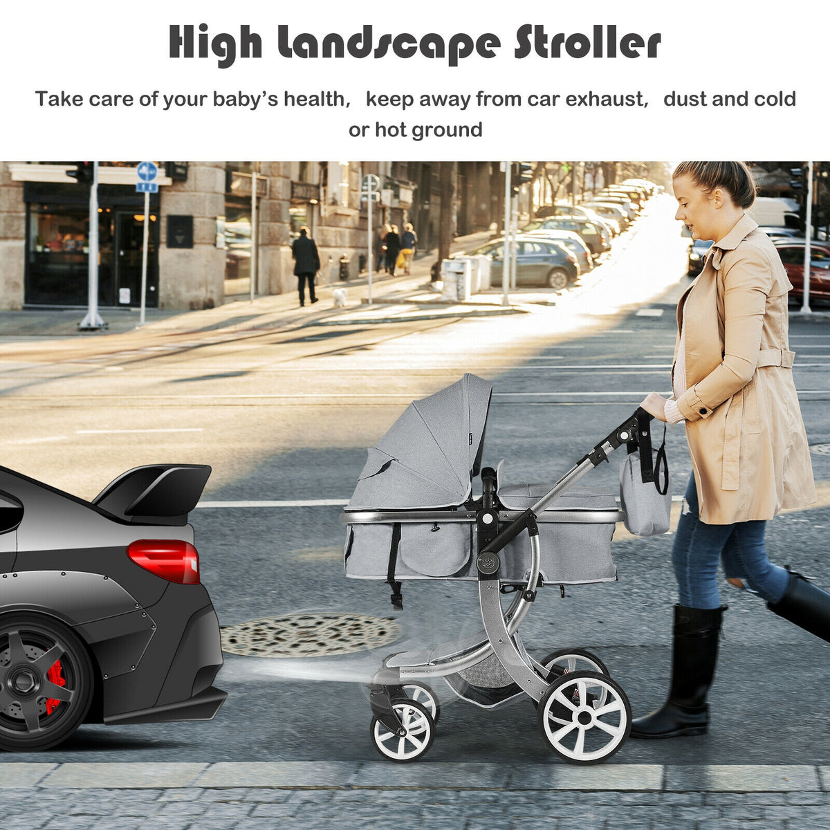 Costway 2-in-1 Foldable Baby Stroller with Diaper Bag - Gray, No Cup Holders