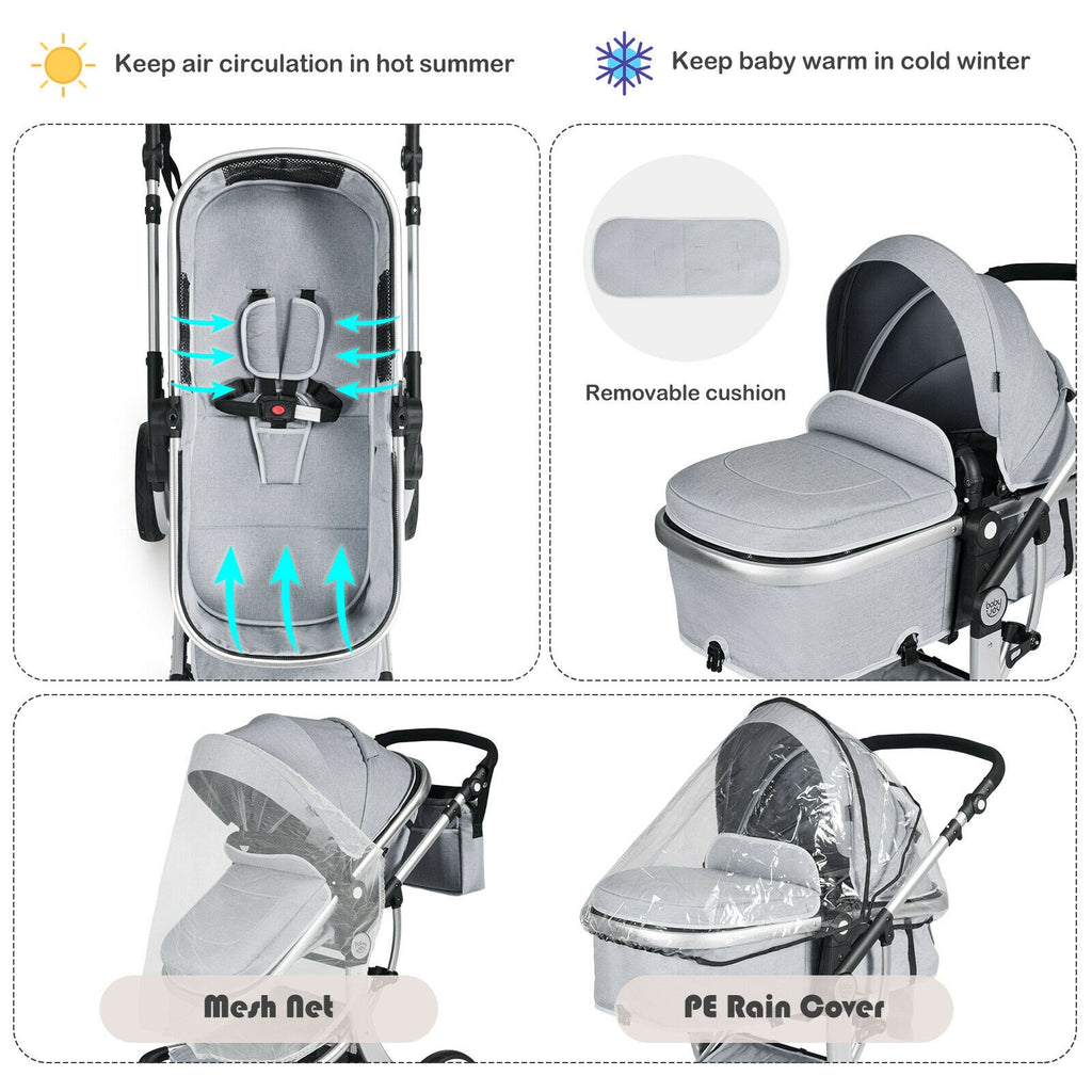 Costway 2-in-1 Foldable Baby Stroller with Diaper Bag - Gray, No Cup Holders