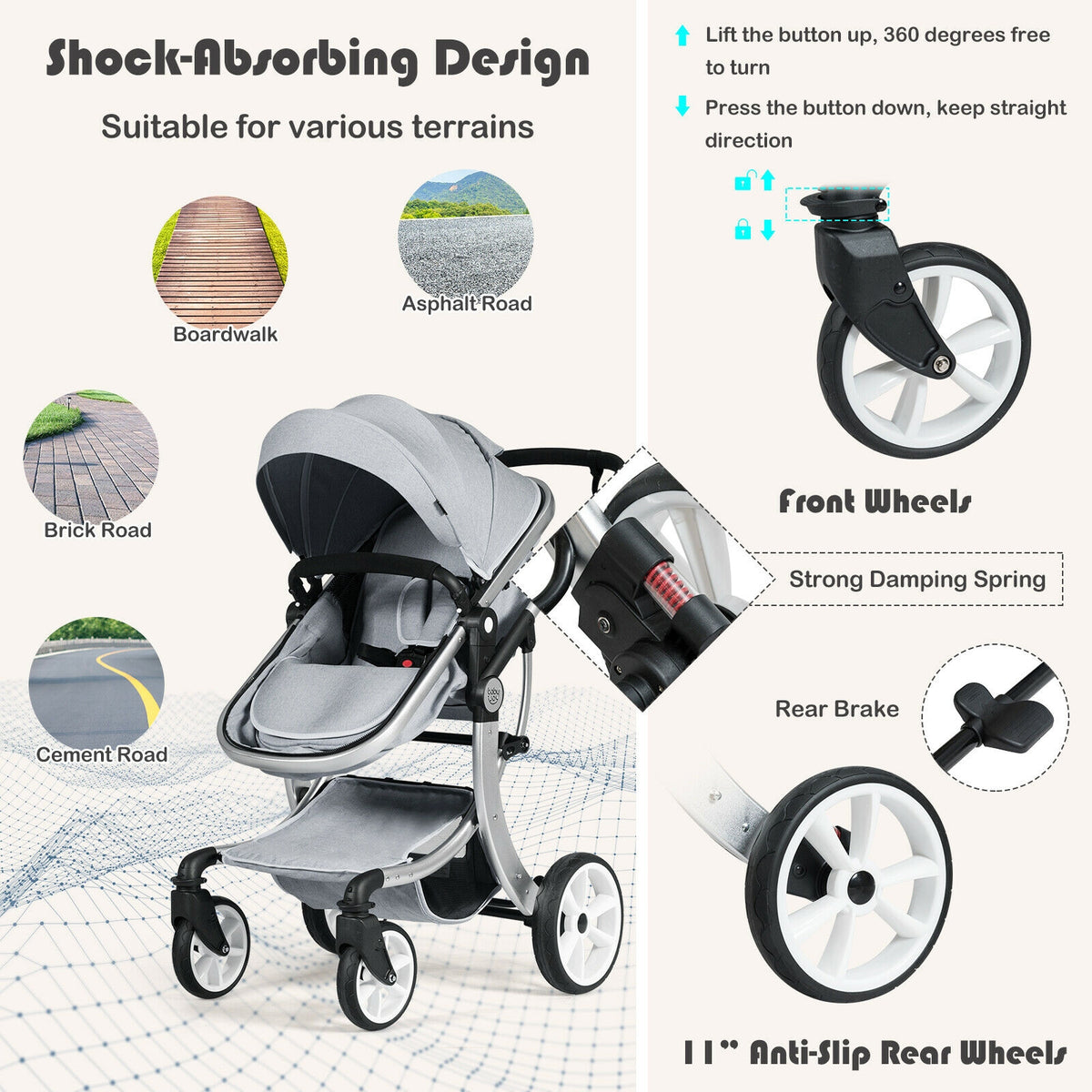 Costway 2-in-1 Foldable Baby Stroller with Diaper Bag - Gray, No Cup Holders