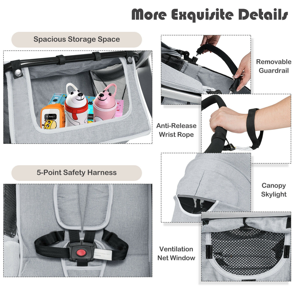 Costway 2-in-1 Foldable Baby Stroller with Diaper Bag - Gray, No Cup Holders