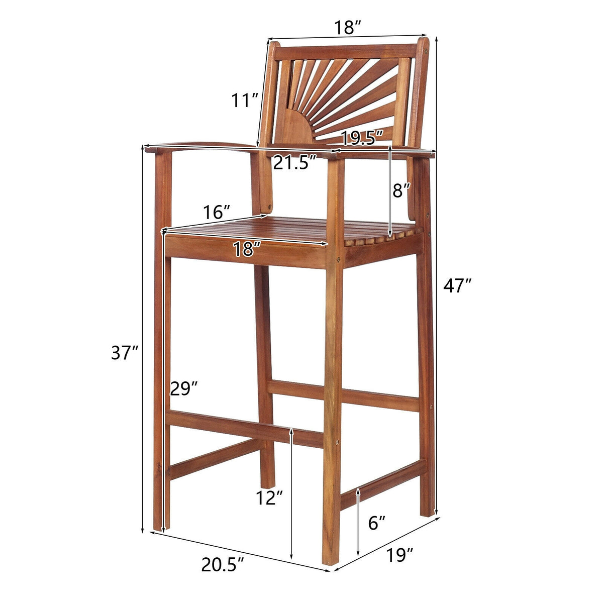 Outdoor Acacia Wood Bar Chairs with Backrest - 2 Pieces