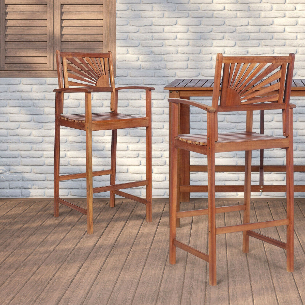 Outdoor Acacia Wood Bar Chairs with Backrest - 2 Pieces