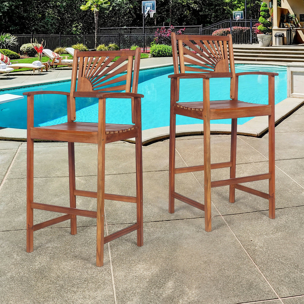 Outdoor Acacia Wood Bar Chairs with Backrest - 2 Pieces