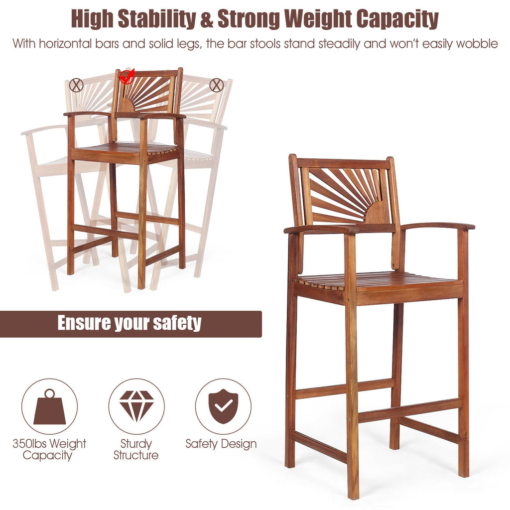 Outdoor Acacia Wood Bar Chairs with Backrest - 2 Pieces