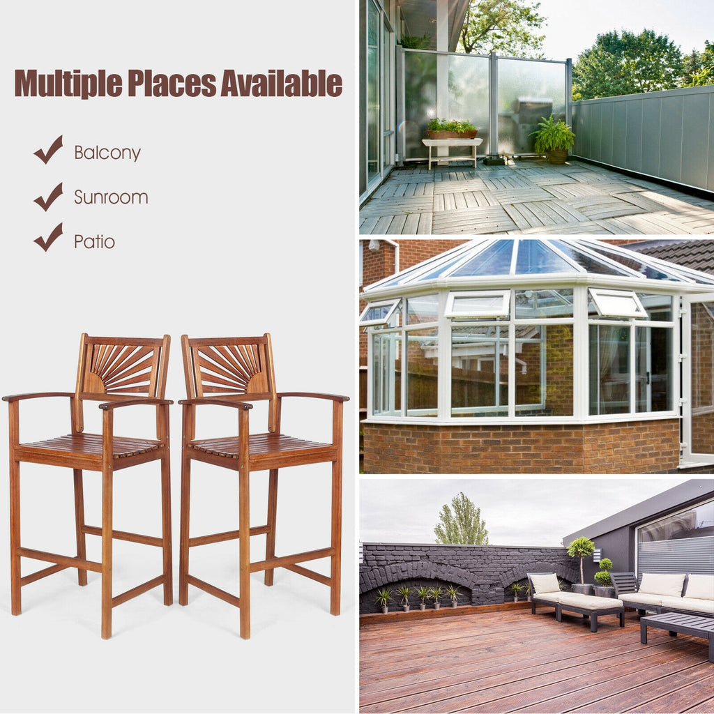 Outdoor Acacia Wood Bar Chairs with Backrest - 2 Pieces