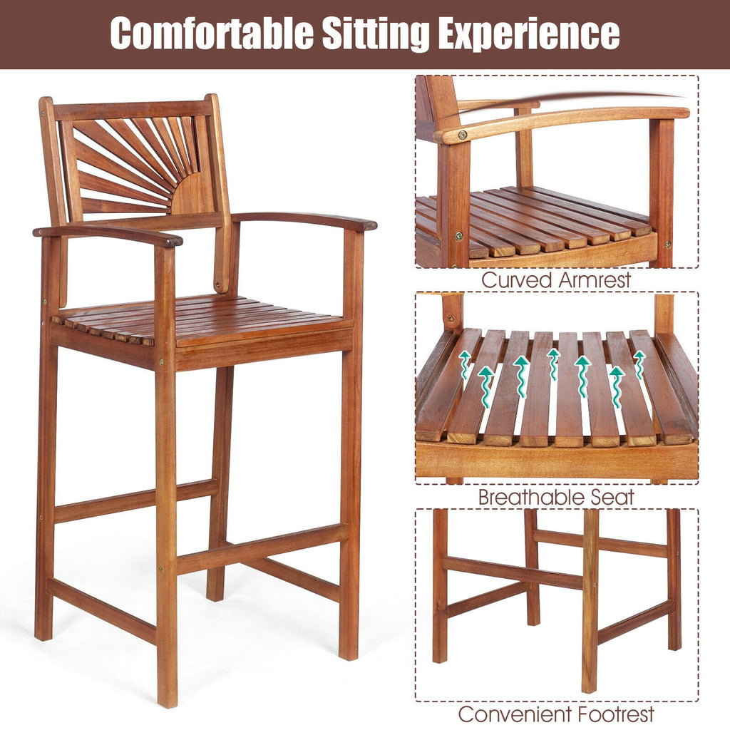 Outdoor Acacia Wood Bar Chairs with Backrest - 2 Pieces