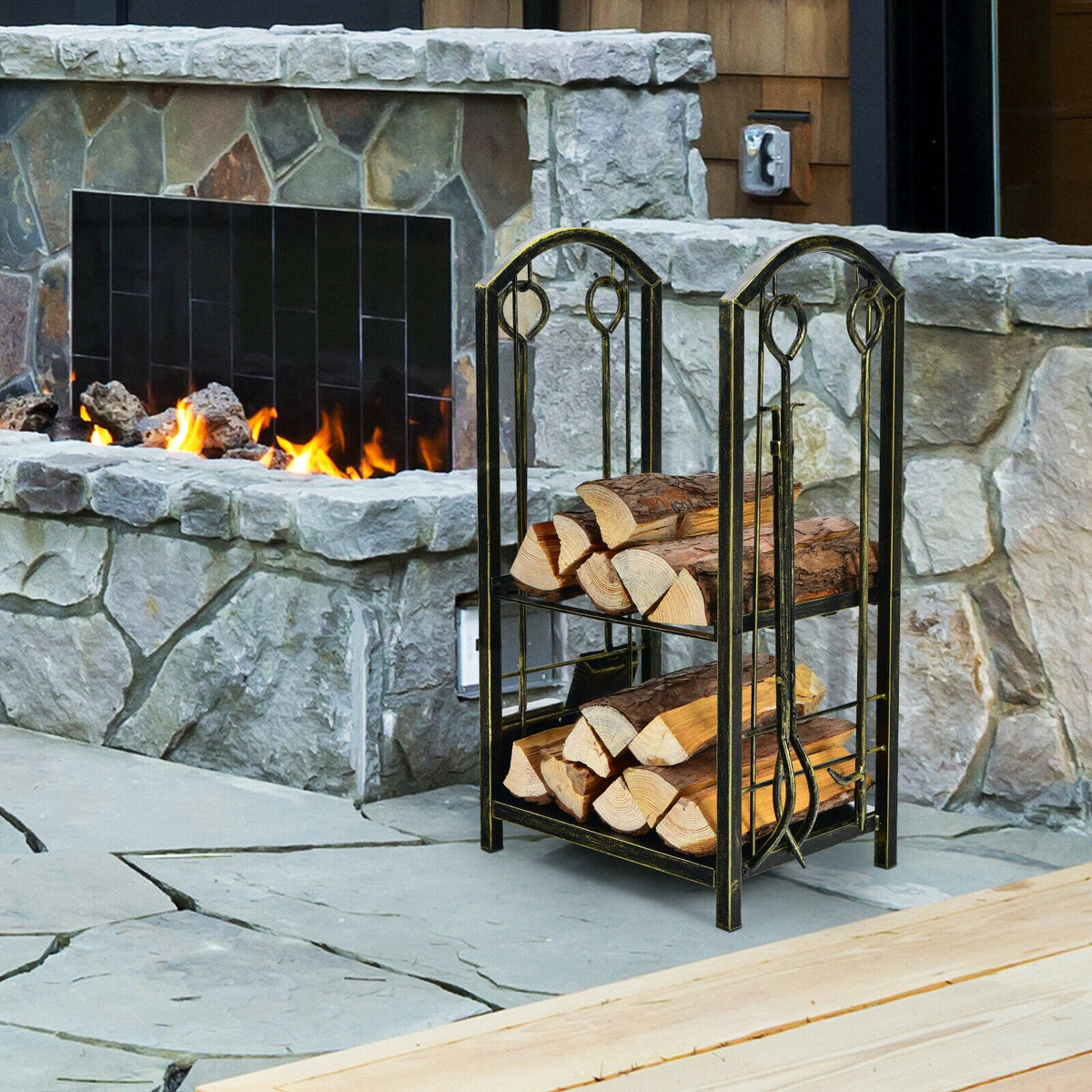 Fireplace Log Rack with 4 Tools and 2 Shelves - Black