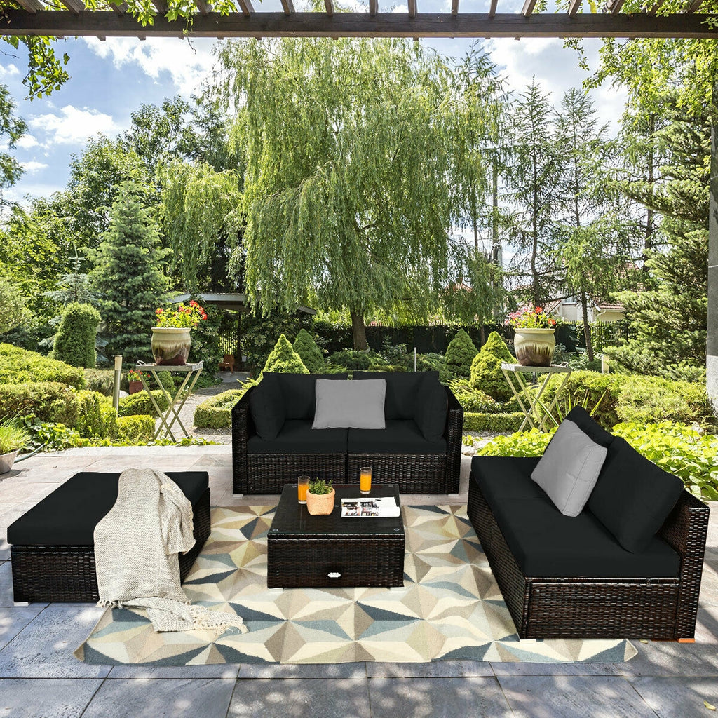 6-Piece Outdoor Rattan Sectional Sofa Set with Coffee Table - Blue