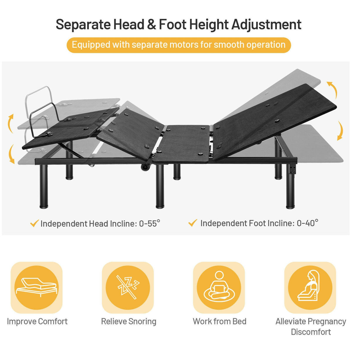 Ergonomic Adjustable Bed Base with Head and Foot Incline - Twin Size, Style A