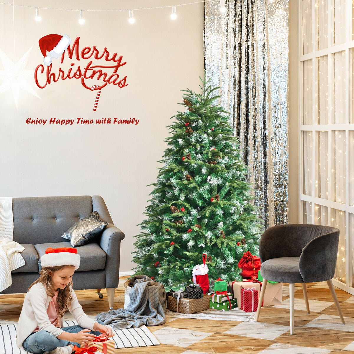 5 ft Pre-Lit Snowy Christmas Hinged Tree with Multi-Color Lights & Flash Modes