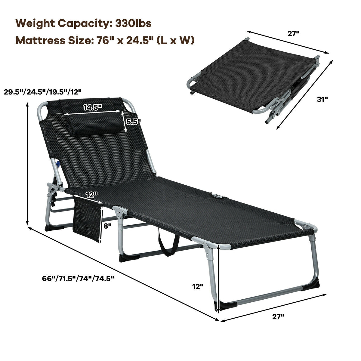 4-Fold Oversize Padded Folding Lounge Chair with Removable Soft