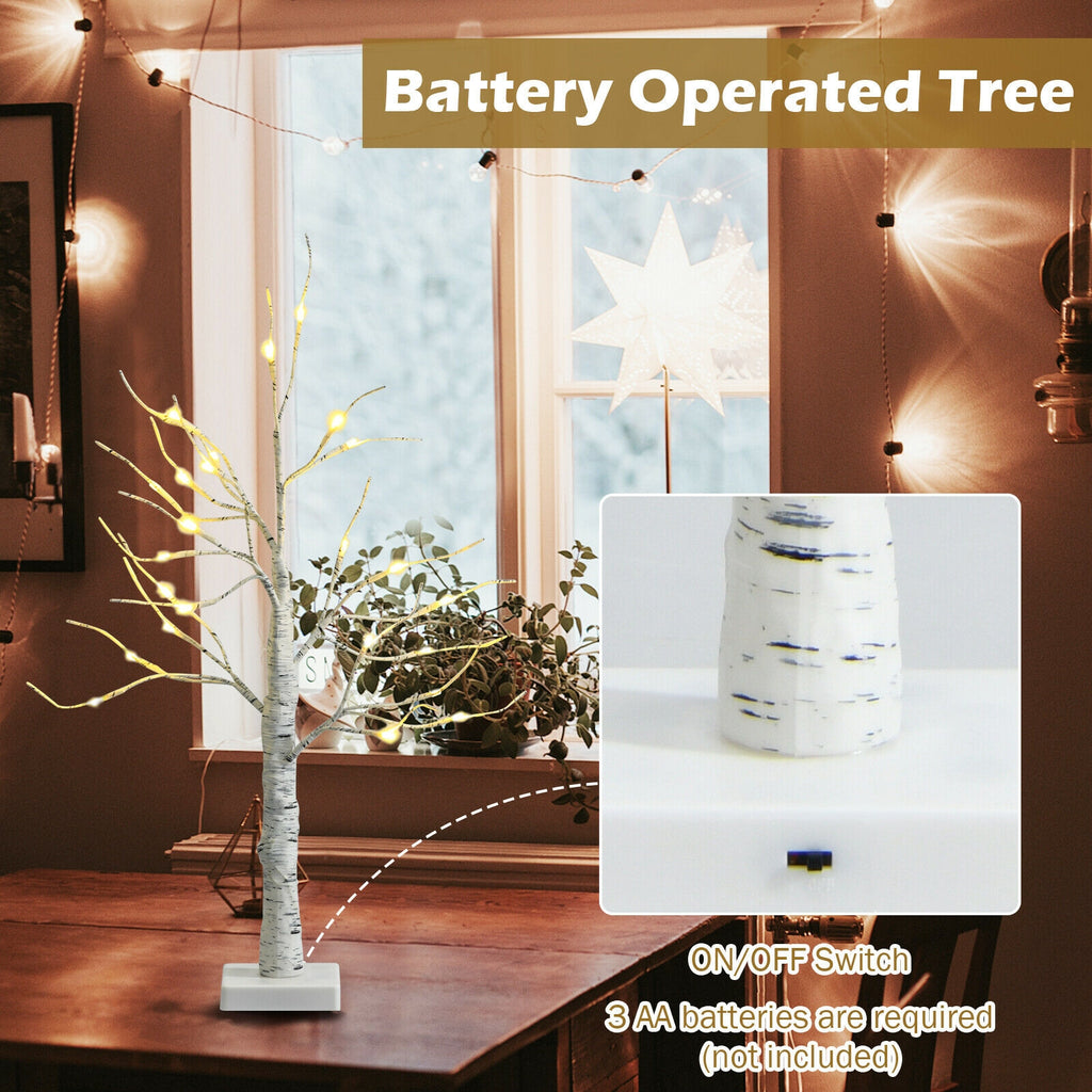 Pre-lit White Birch Tree - Battery Powered Christmas Decor, 2 Feet