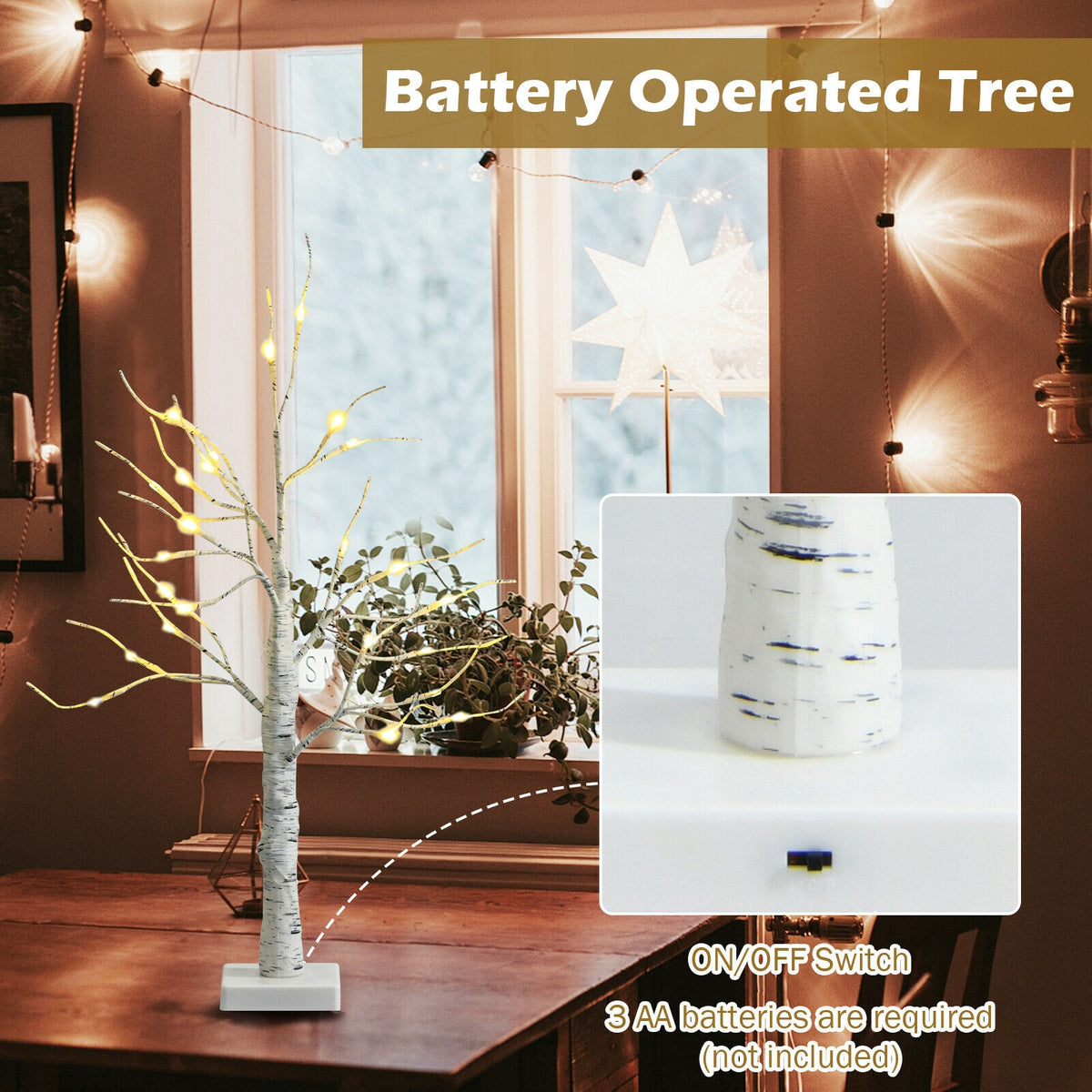 Pre-lit White Birch Tree - Battery Powered Christmas Decor, 2 Feet