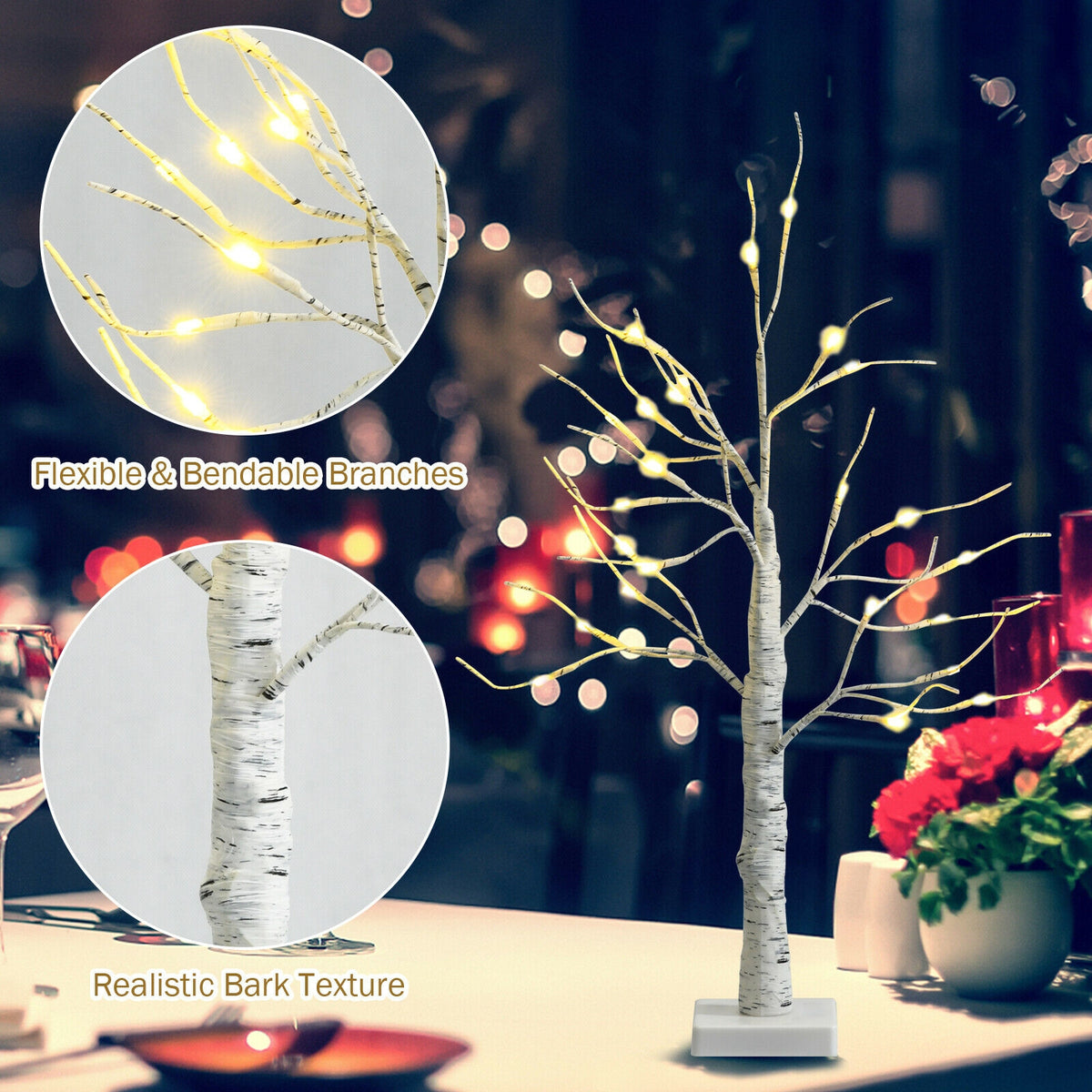 Pre-lit White Birch Tree - Battery Powered Christmas Decor, 2 Feet