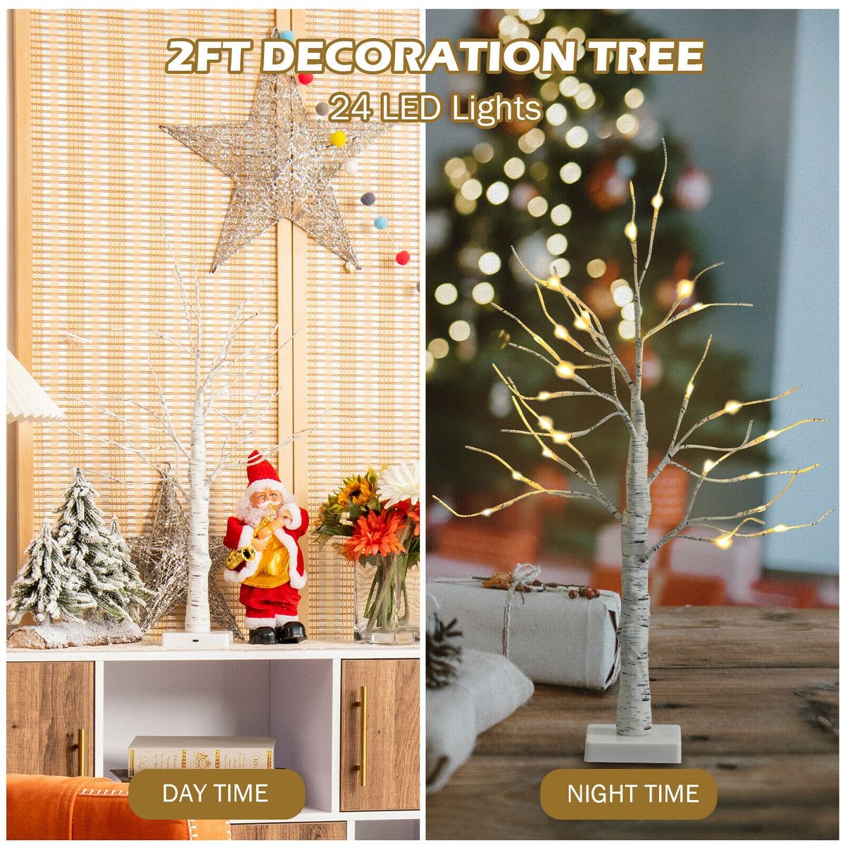 Pre-lit White Birch Tree - Battery Powered Christmas Decor, 2 Feet