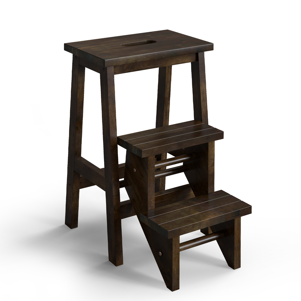 24-Inch Brown Rubber Wood Step Stool with Handle - Anti-Slip & Durable