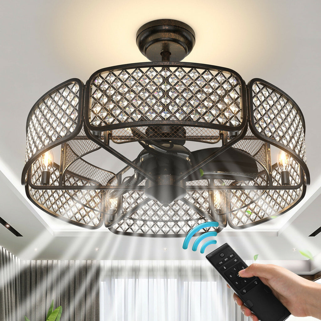 30 Inch Caged Ceiling Fan with Light and 6 Crystal Lampshades - Brown Variation