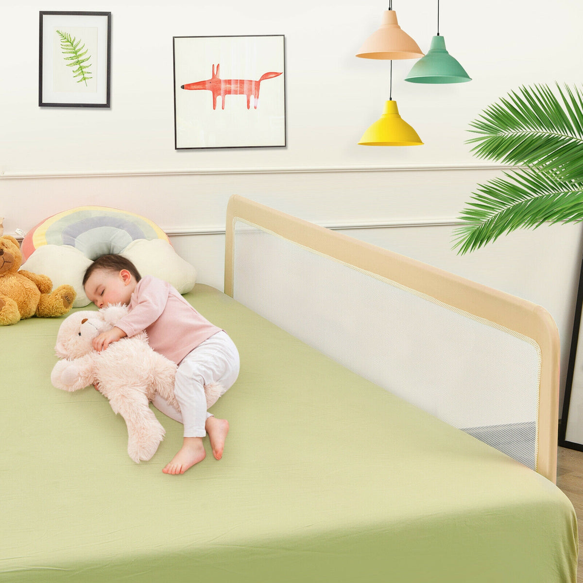 71 Inch Extra Long Bed Guardrail with Safety Straps - Gray, Kid Safe