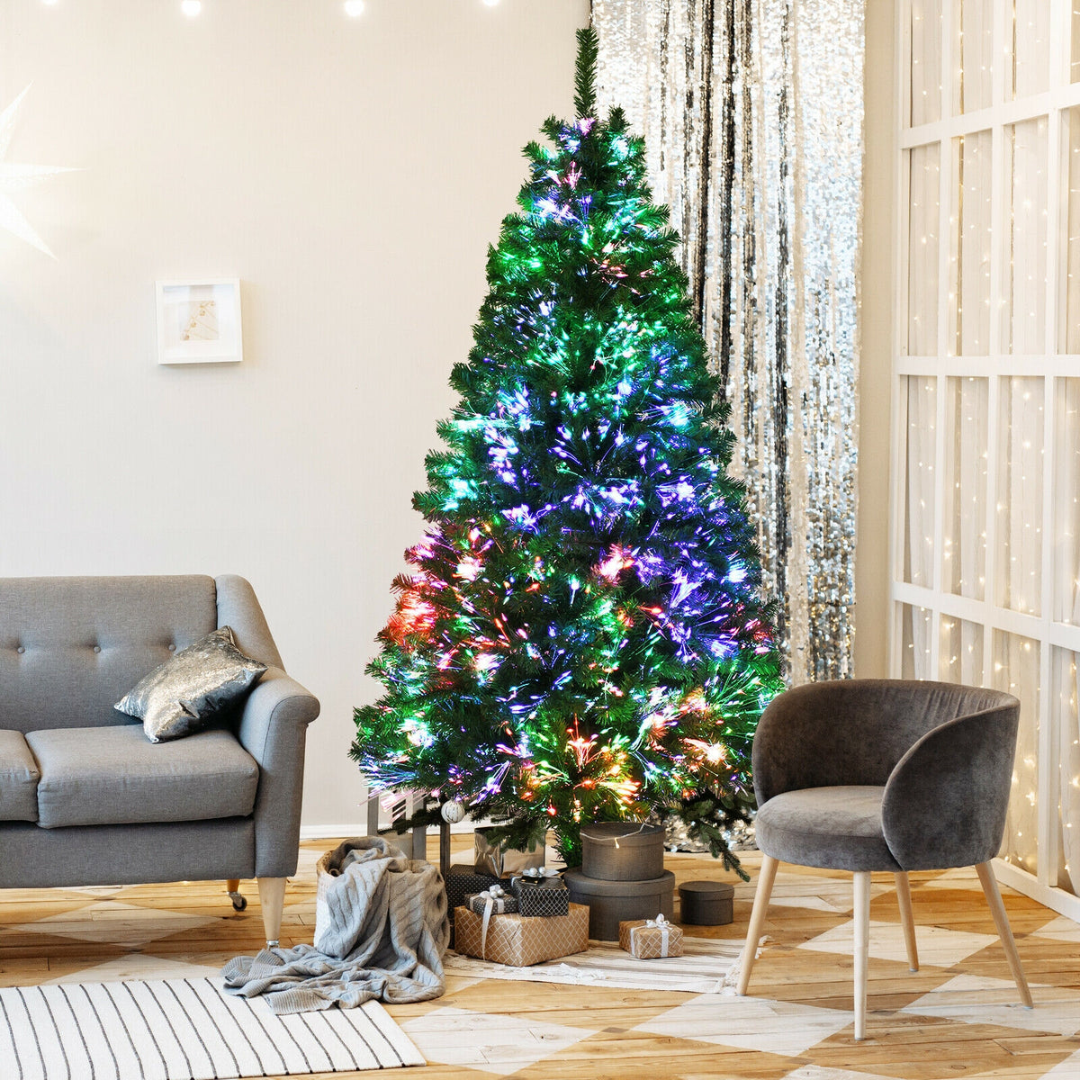 5 Ft Pre-Lit Multi-Colored Fiber Optic Artificial Christmas Tree - Costway