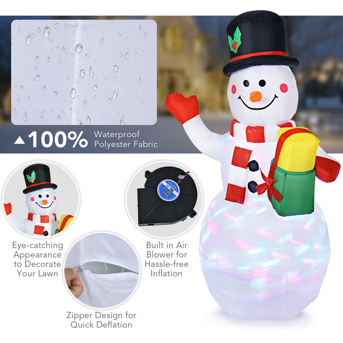 5 Feet Tall Inflatable Snowman with Colorful LED Lights - Yard Christmas Decor