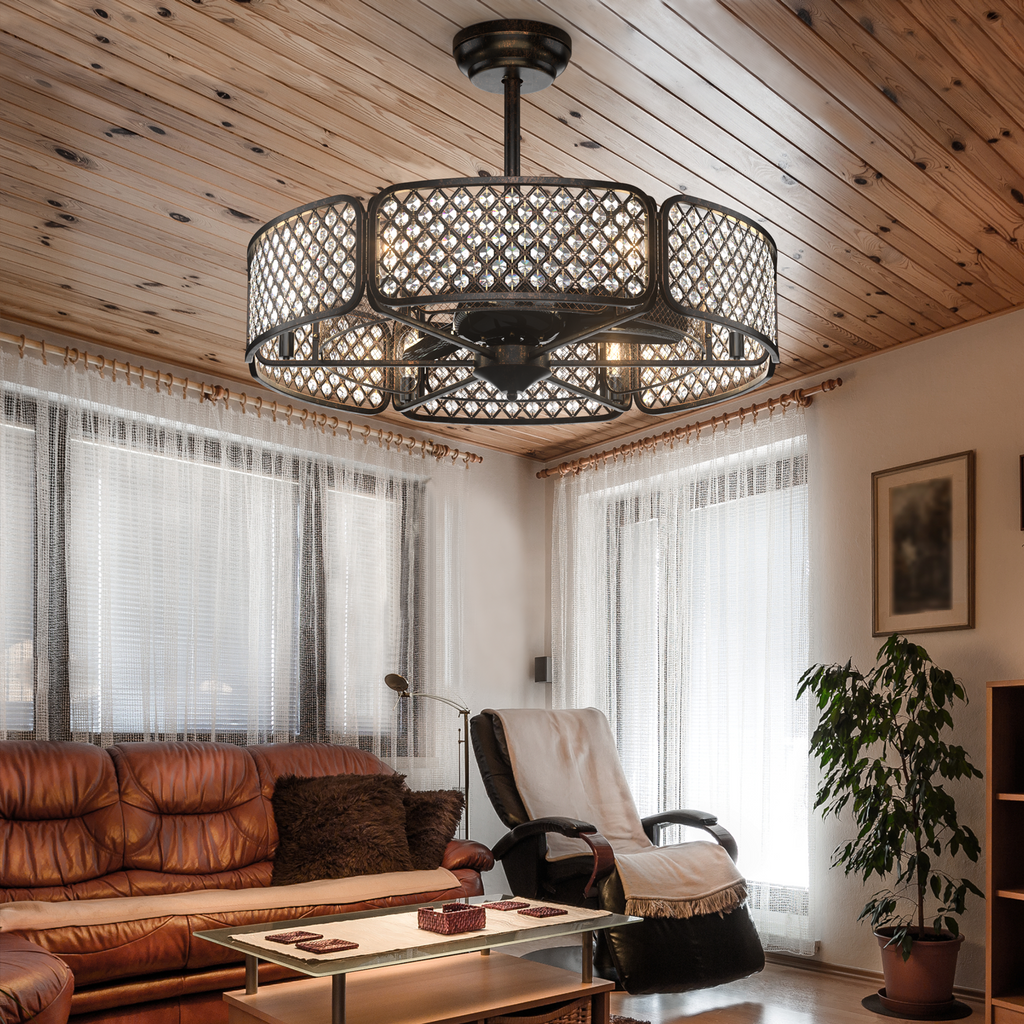 30 Inch Caged Ceiling Fan with Light and 6 Crystal Lampshades - Brown Variation