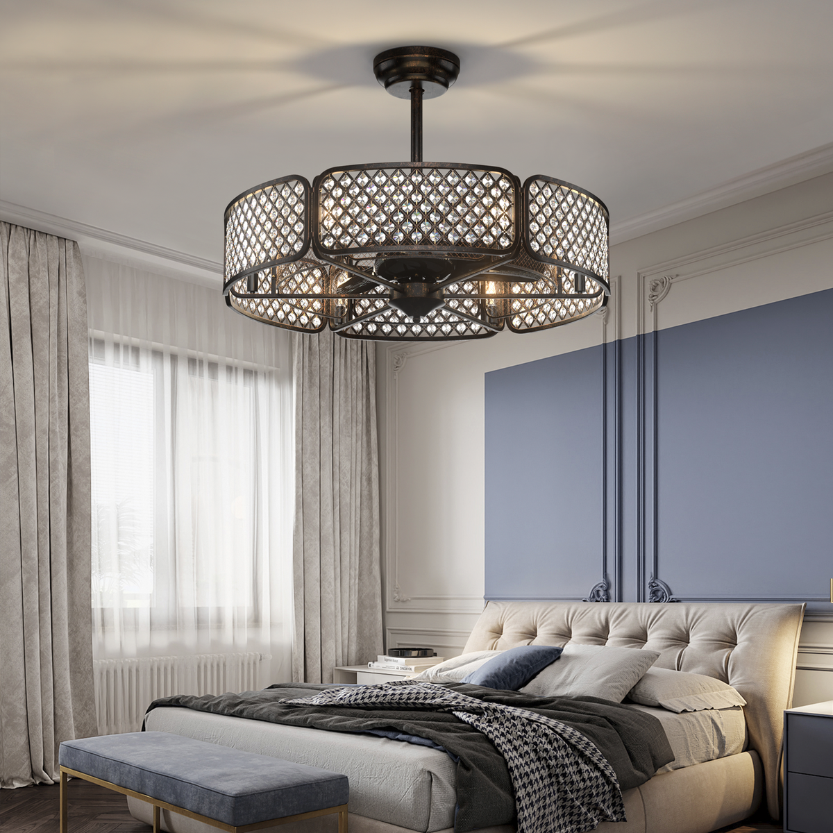 30 Inch Caged Ceiling Fan with Light and 6 Crystal Lampshades - Brown Variation