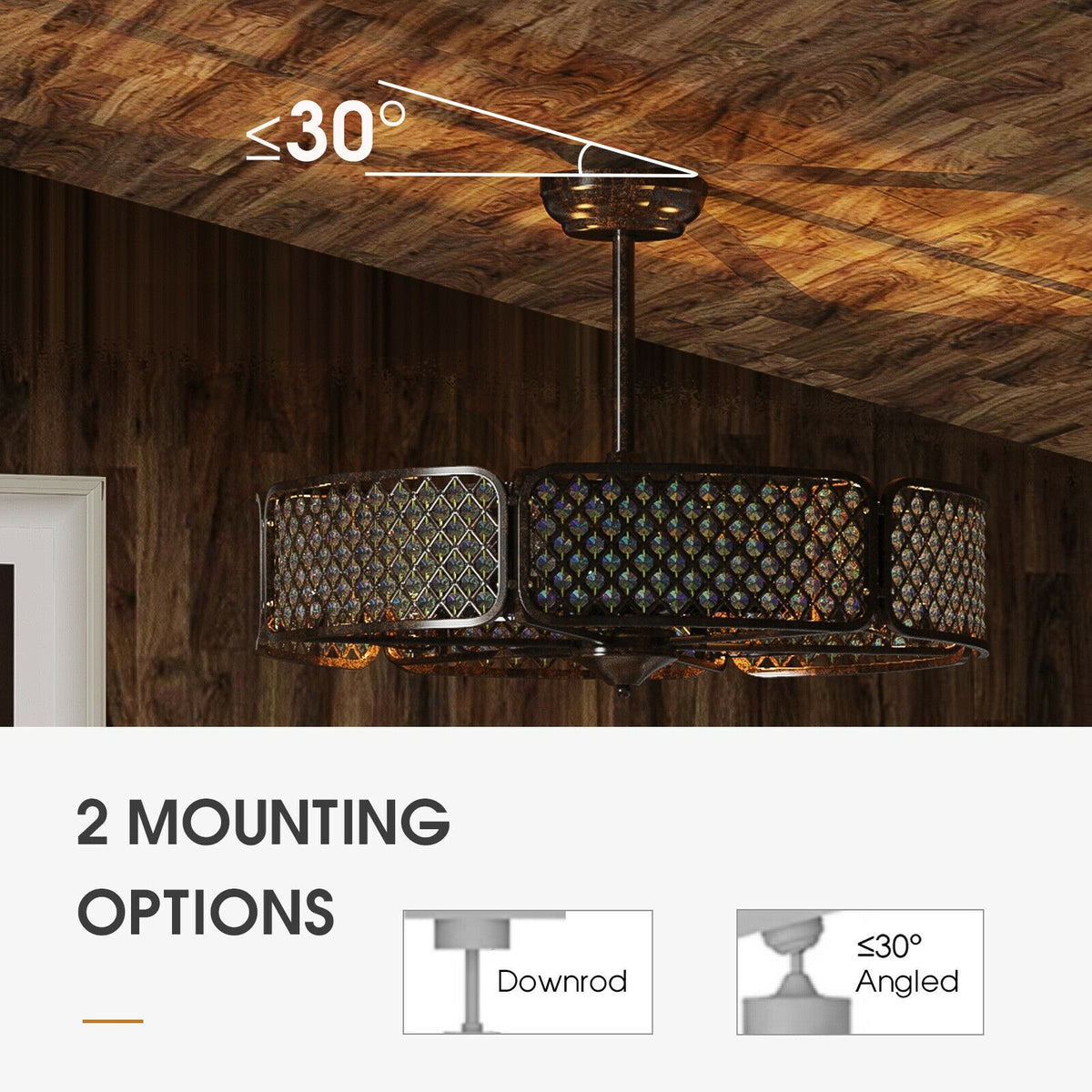 30 Inch Caged Ceiling Fan with Light and 6 Crystal Lampshades - Brown Variation