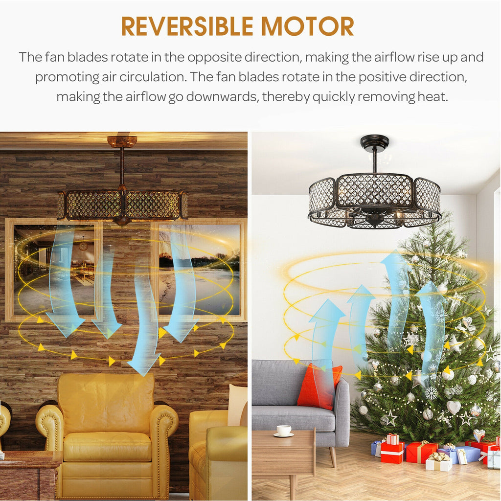 30 Inch Caged Ceiling Fan with Light and 6 Crystal Lampshades - Brown Variation