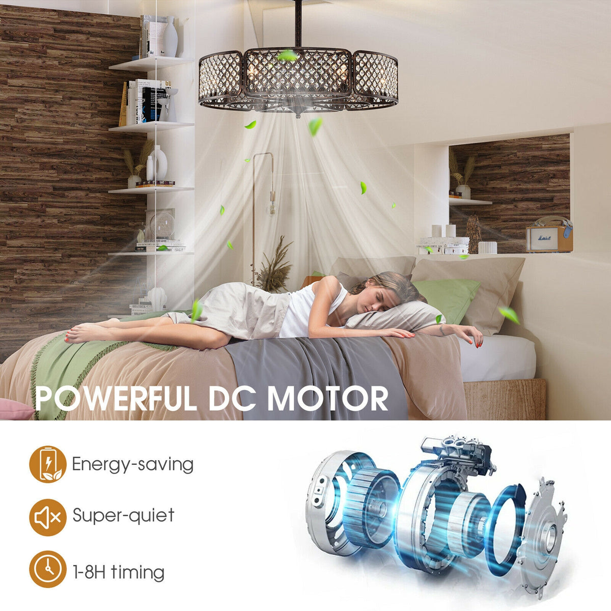 30 Inch Caged Ceiling Fan with Light and 6 Crystal Lampshades - Brown Variation