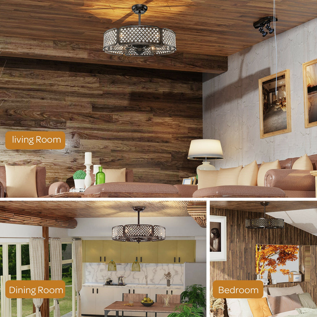 30 Inch Caged Ceiling Fan with Light and 6 Crystal Lampshades - Brown Variation