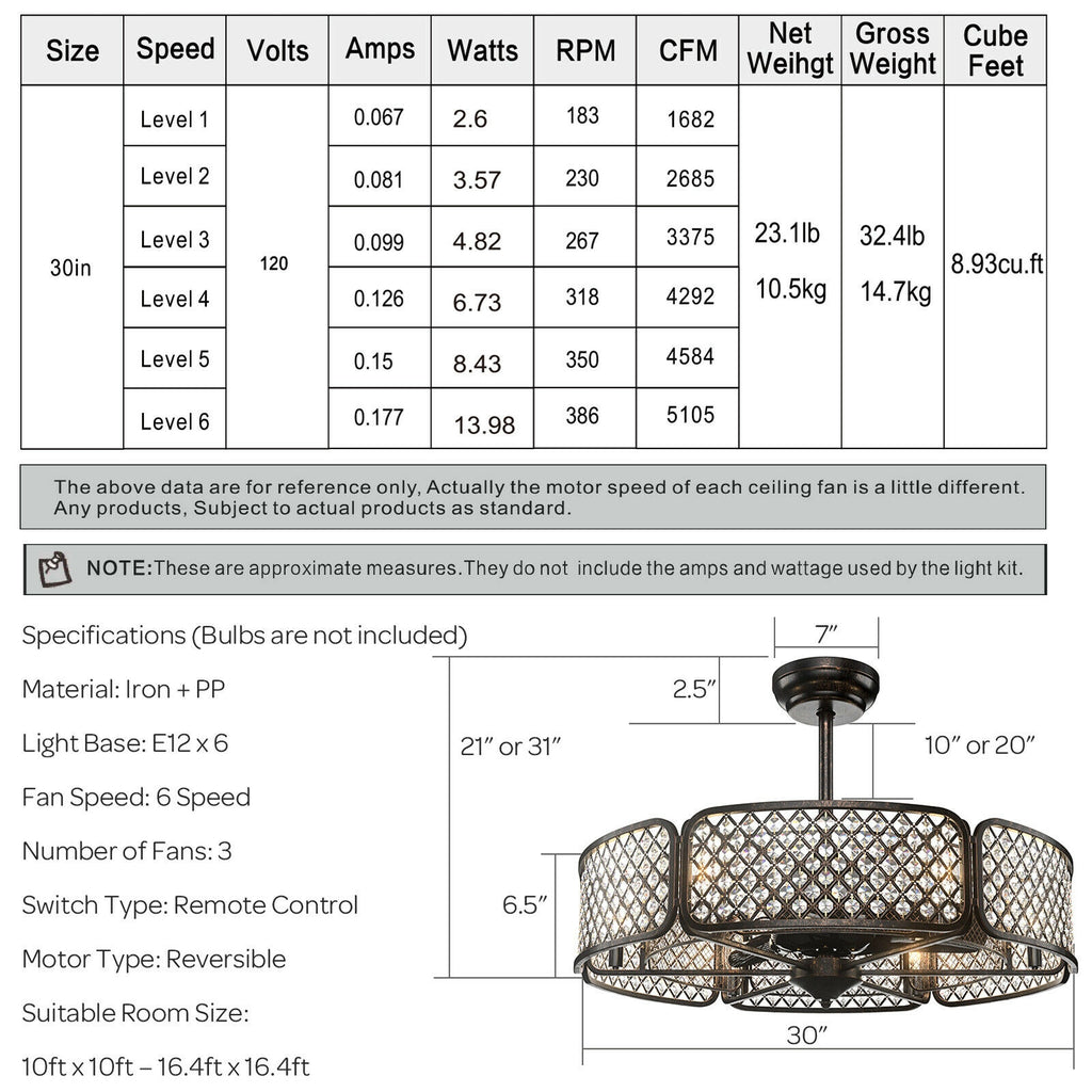 30 Inch Caged Ceiling Fan with Light and 6 Crystal Lampshades - Brown Variation