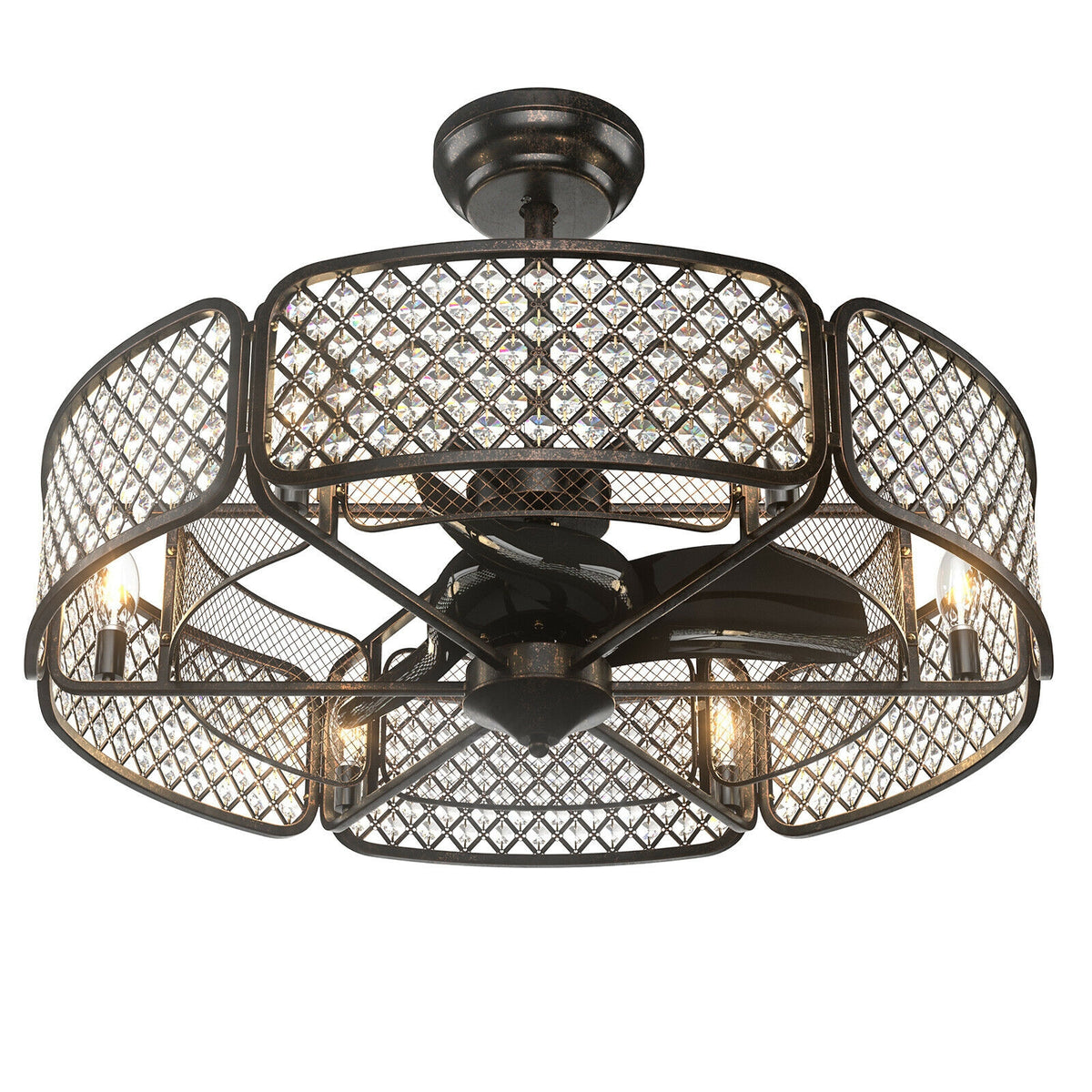 30 Inch Caged Ceiling Fan with Light and 6 Crystal Lampshades - Brown Variation