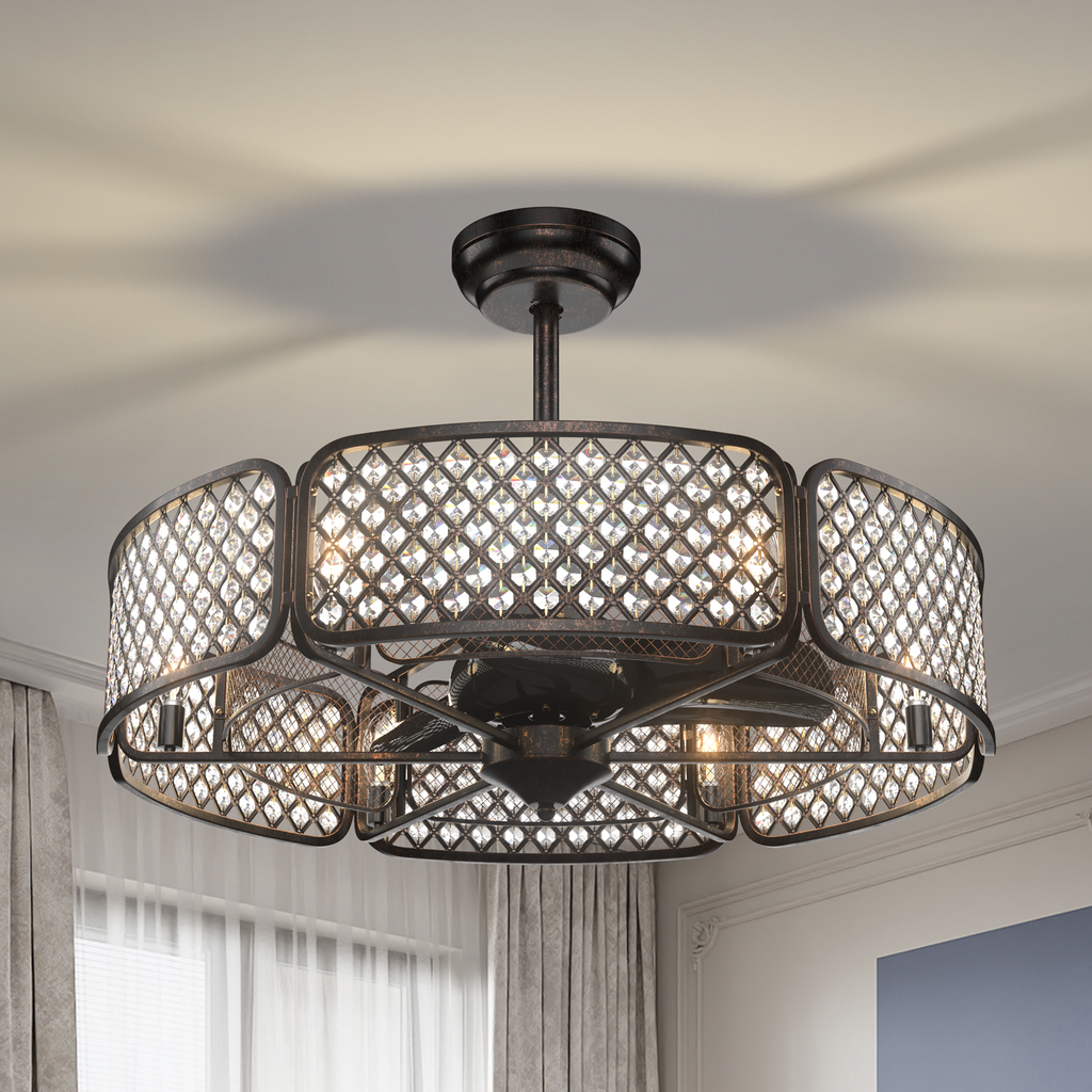 30 Inch Caged Ceiling Fan with Light and 6 Crystal Lampshades - Brown Variation
