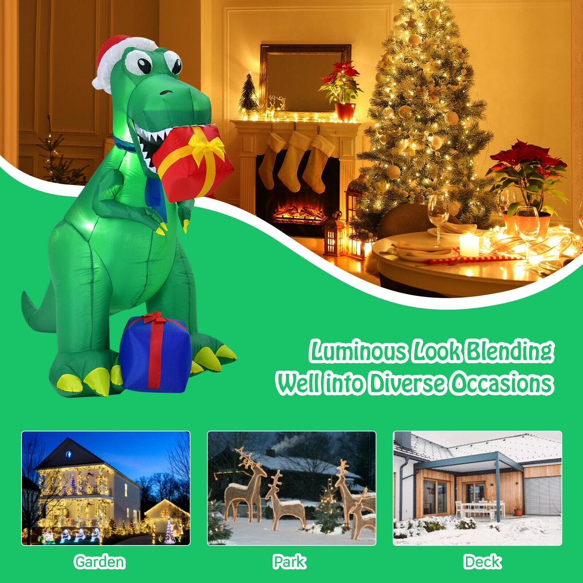 6ft Christmas Inflatable Dinosaur for Indoor & Outdoor Holiday Decor