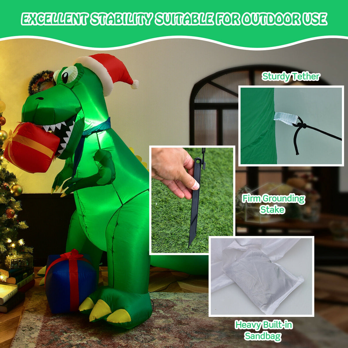 6ft Christmas Inflatable Dinosaur for Indoor & Outdoor Holiday Decor