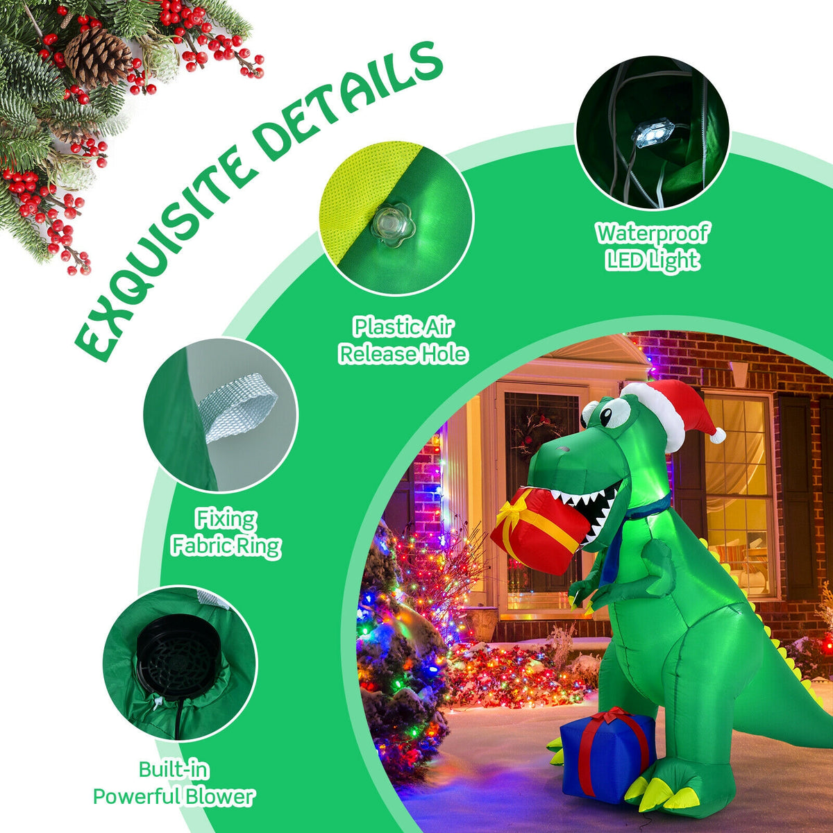 6ft Christmas Inflatable Dinosaur for Indoor & Outdoor Holiday Decor