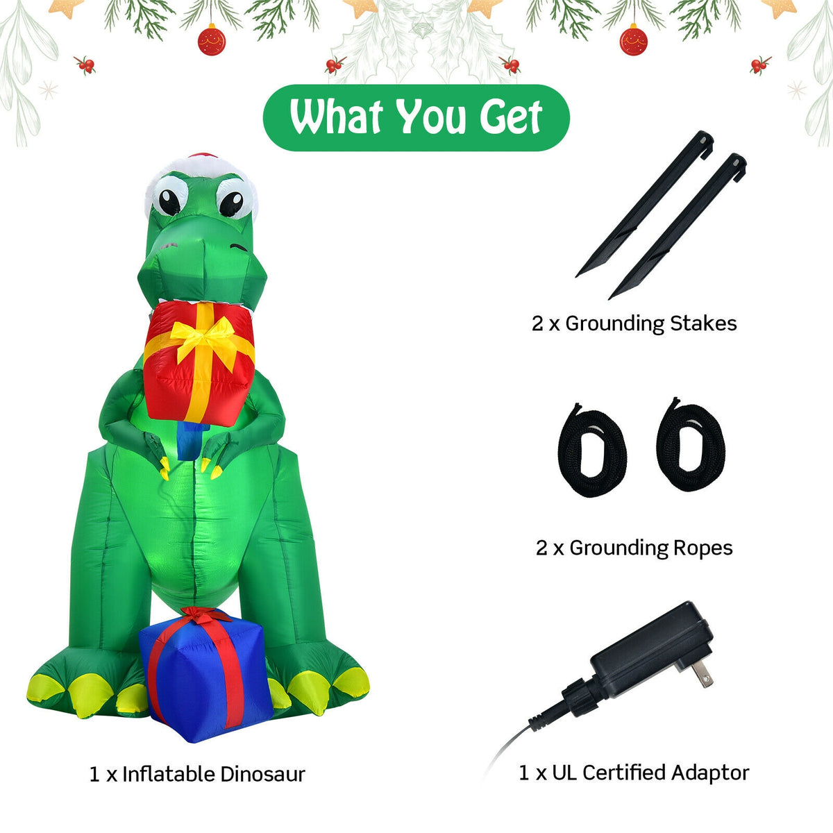 6ft Christmas Inflatable Dinosaur for Indoor & Outdoor Holiday Decor