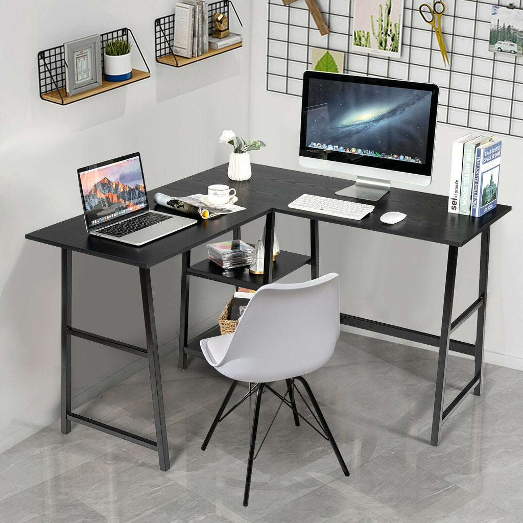 L-Shaped Corner Computer Desk with Storage Shelves - Brown