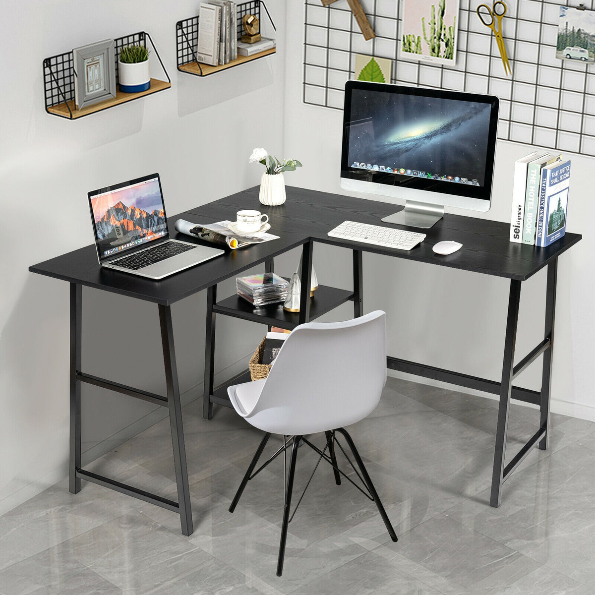 L-Shaped Corner Computer Desk with Storage Shelves - Brown