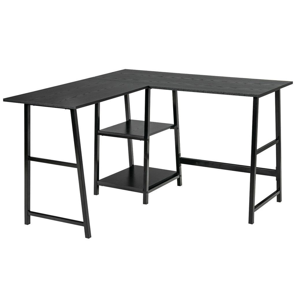 L-Shaped Corner Computer Desk with Storage Shelves - Brown