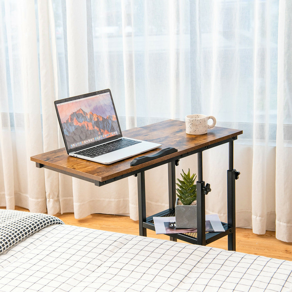 Height Adjustable C-Shaped End Table with Lockable Wheels, Rustic Brown
