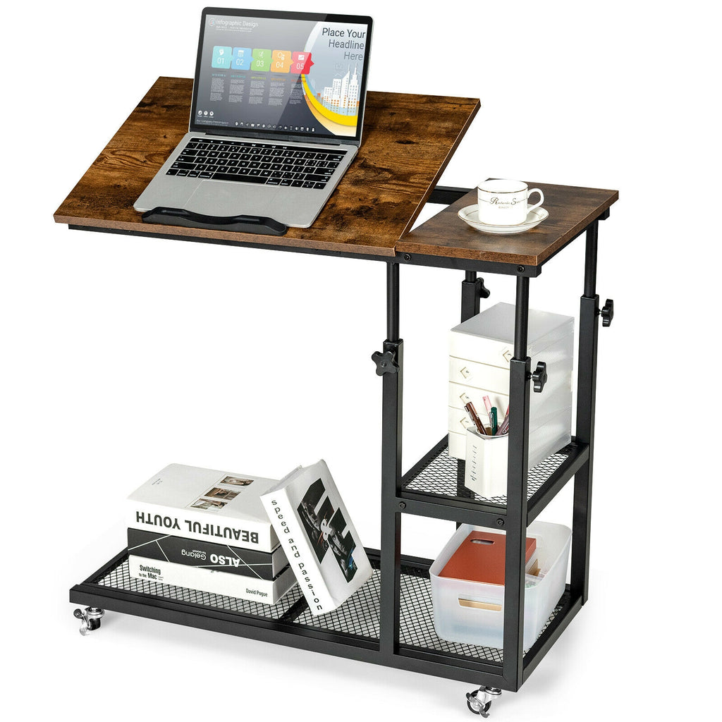 Height Adjustable C-Shaped End Table with Lockable Wheels, Rustic Brown