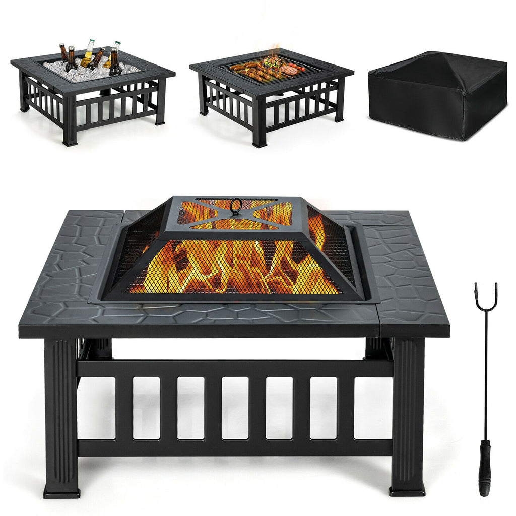 32 Inch Square Fire Pit Table - 3-in-1 BBQ Grill & Ice Bucket