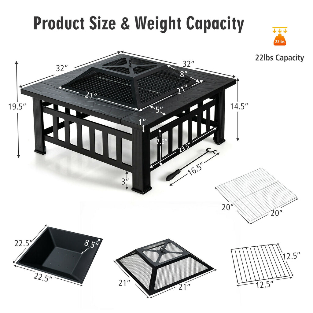 32 Inch Square Fire Pit Table - 3-in-1 BBQ Grill & Ice Bucket