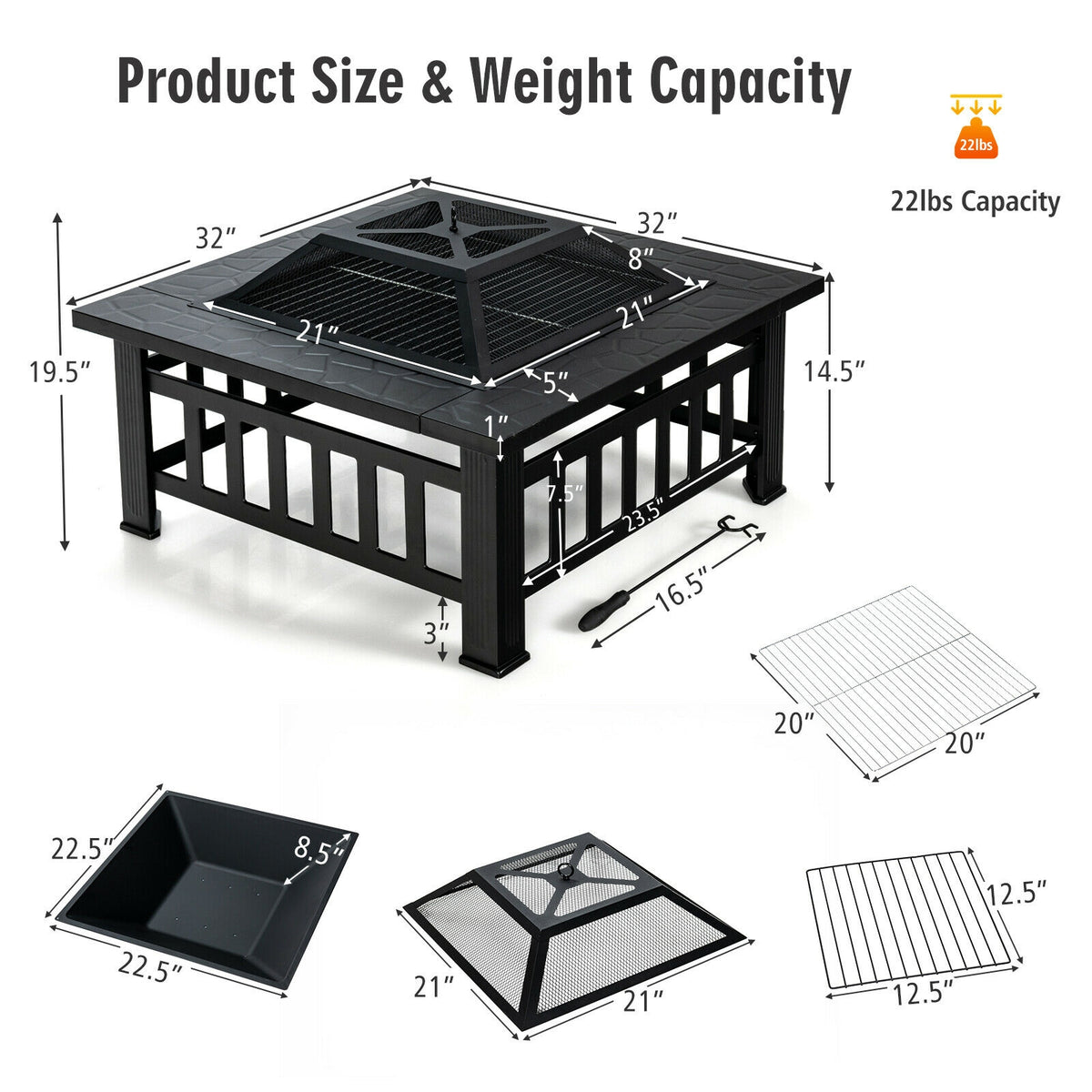 32 Inch Square Fire Pit Table - 3-in-1 BBQ Grill & Ice Bucket