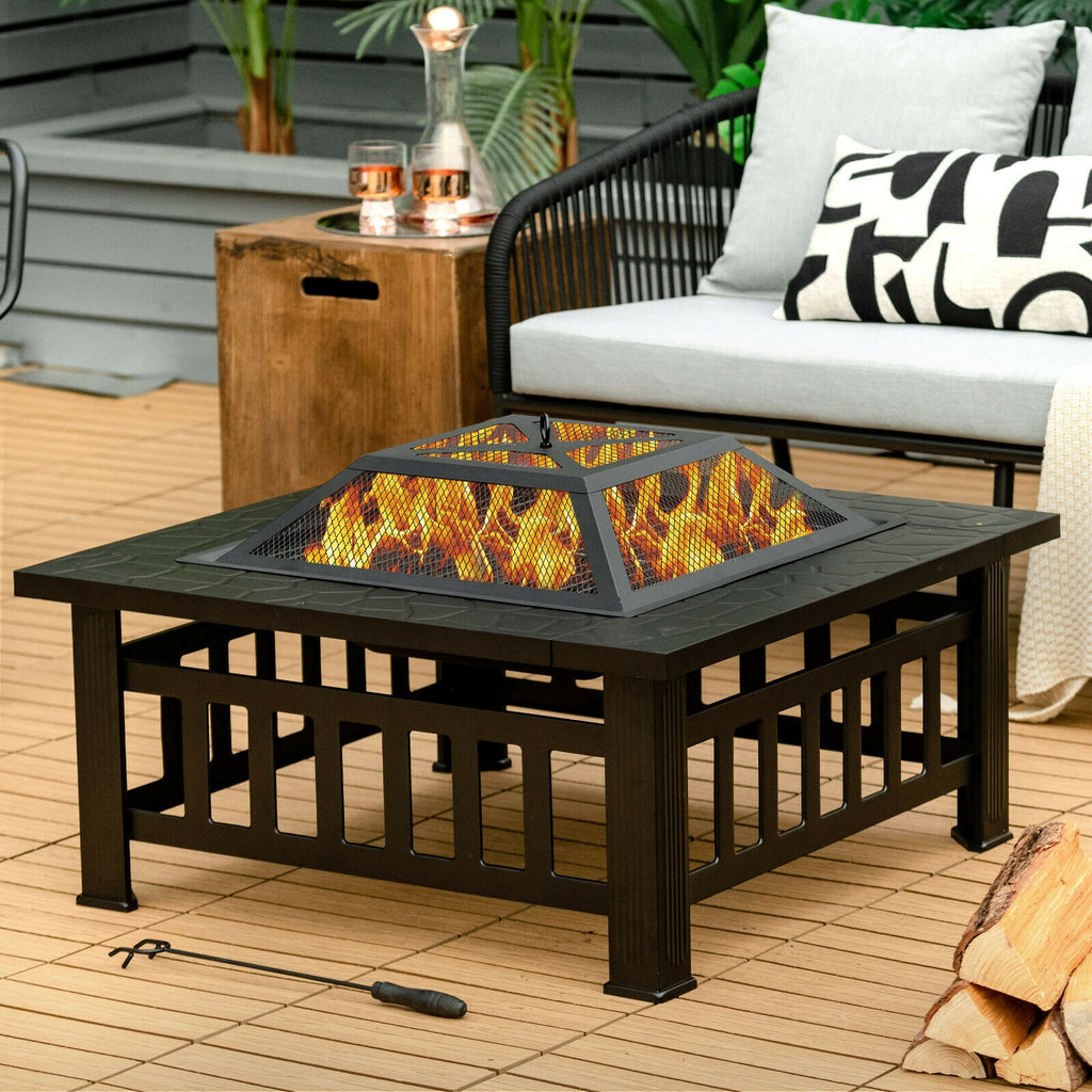 32 Inch Square Fire Pit Table - 3-in-1 BBQ Grill & Ice Bucket