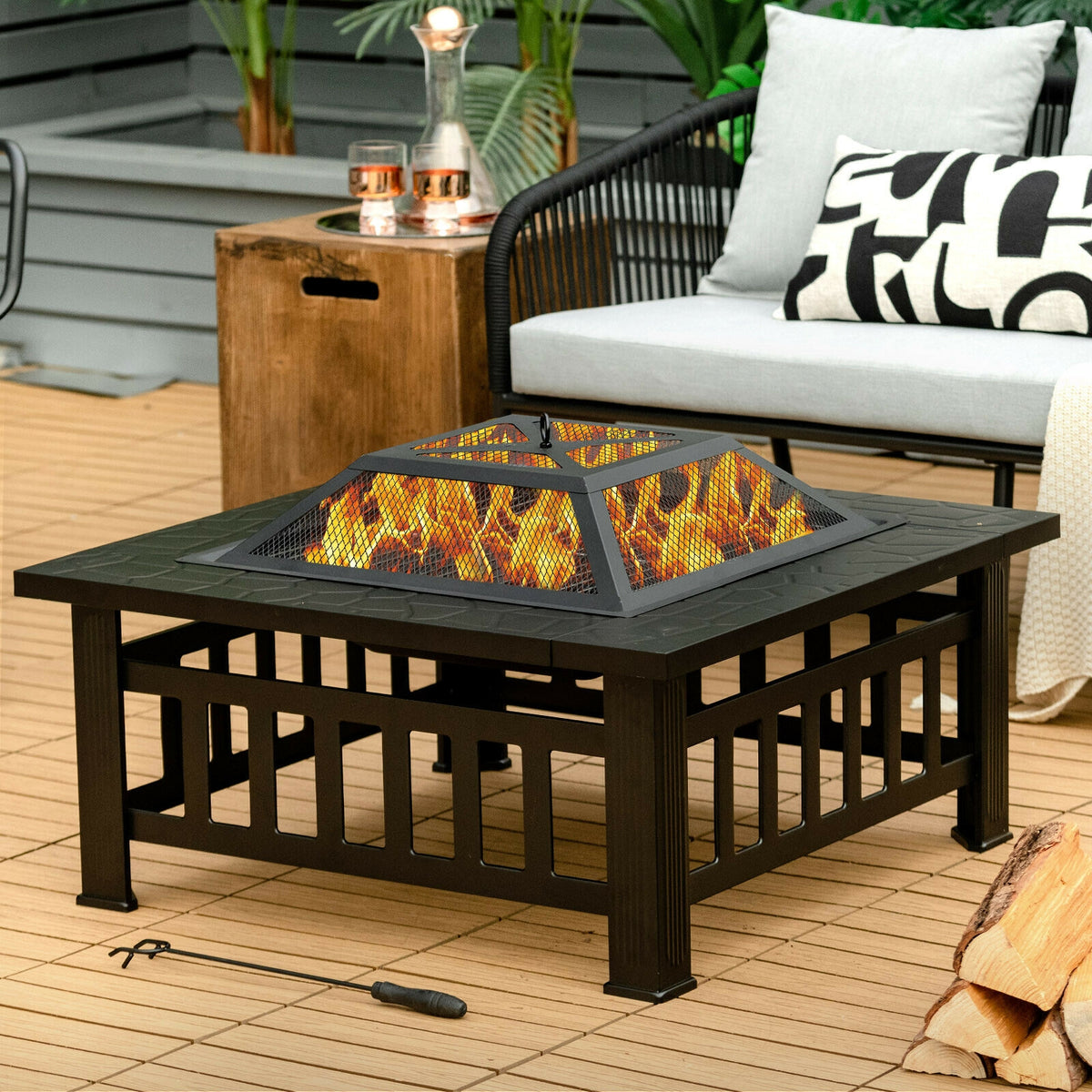 32 Inch Square Fire Pit Table - 3-in-1 BBQ Grill & Ice Bucket
