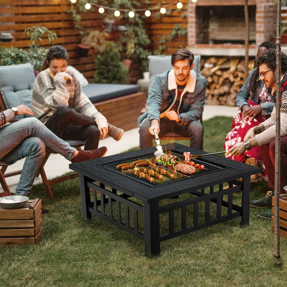 32 Inch 3 in 1 Outdoor Square Fire Pit Table with BBQ Grill and Rain