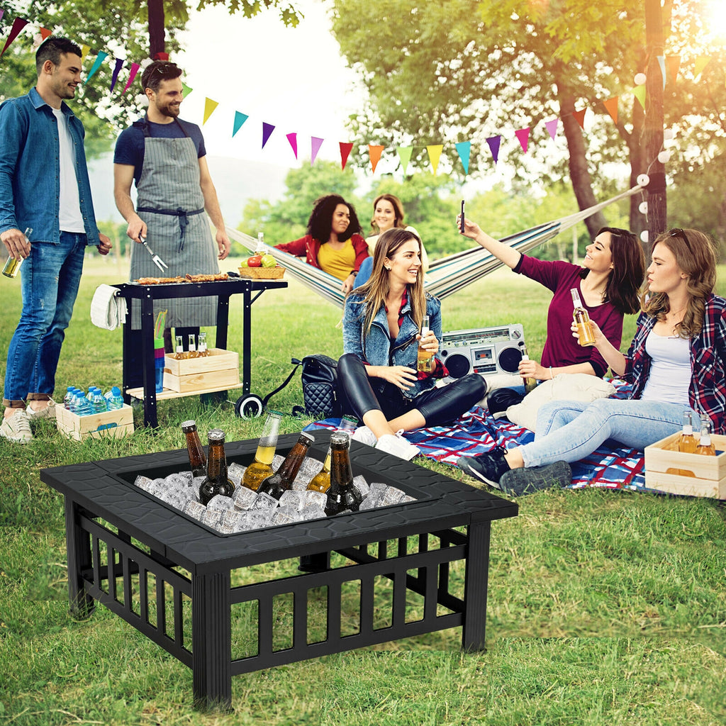32 Inch Square Fire Pit Table - 3-in-1 BBQ Grill & Ice Bucket